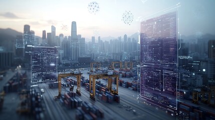 Aerial view of a bustling port with shipping containers cranes and a modern cityscape in the background  The scene is overlaid with 3D floating data graphs and networks