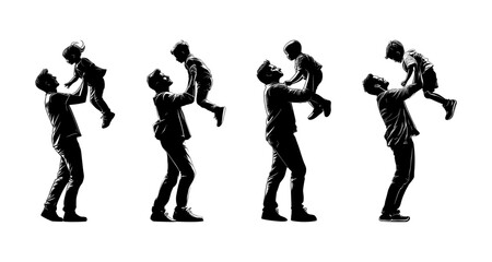 silhouette of a father lifting his child with both arms, isolated background