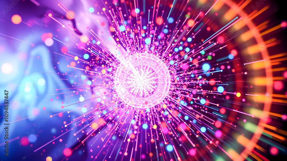 Poster abstract background with colorful glowing particles. 3d rendering, 3d illustration.