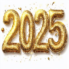 A stunning golden "2025" crafted from glitter on a white backdrop, surrounded by light glimmers, stars, and confetti, ideal for New Year invitations and decor.

