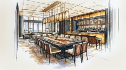 Naklejka premium Elegant Restaurant and Bar Design Sketch: A Luxurious Dining Experience