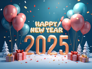 Happy New Year 2025 Template with Balloons, Confetti, Fireworks, Ribbon, Gifts, Snow, & Festive Winter Decorations. 
Creative elegant New Year Greeting Card, Banner, Background 3D Design Holiday style