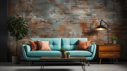 A minimalist loft living room featuring a terra cotta sofa with teal pillows against a textured stone wall. Clean and contemporary design.
