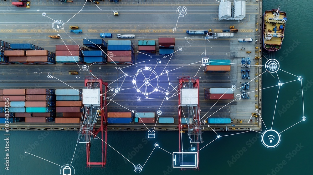 Poster Aerial View of Smart Port with Global Digital Network Overlay Showcasing Advanced Supply Chain Logistics and Freight Management Solutions