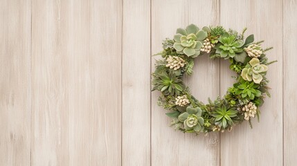 A beautifully crafted wreath adorned with succulents and dried flowers, mounted on a rustic wooden backdrop, adding elegance to any decor.