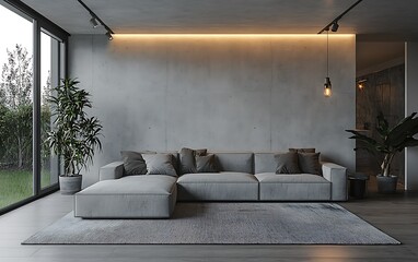 Modern living room interior with grey sofa, concrete wall, plants, and large window.