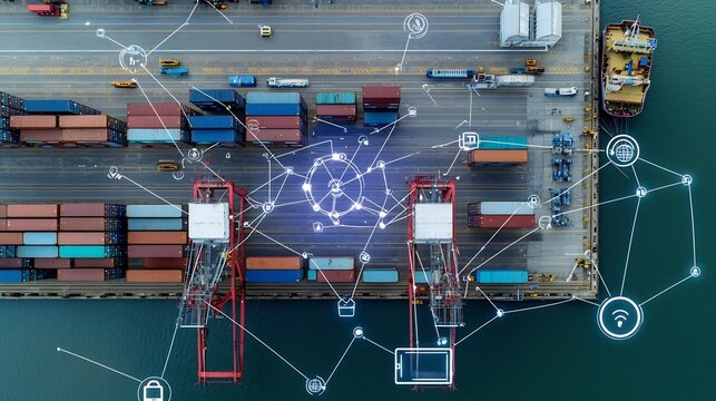 Aerial View of Smart Port with Global Digital Network Overlay Showcasing Advanced Supply Chain Logistics and Freight Management Solutions
