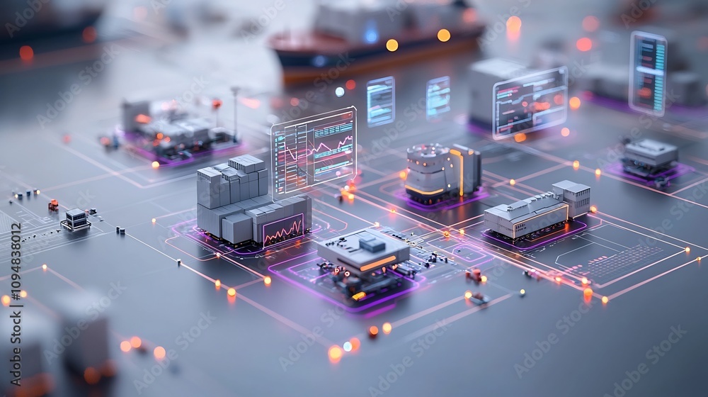 Poster Futuristic aerial view showcasing the interconnected nodes and data driven of a bustling port facility  The scene features 3D data charts purple blue tones and a modern
