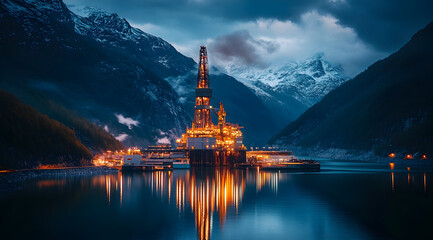 An illuminated oil rig stands in calm waters, surrounded by majestic mountains, reflecting the evening sky's hues.