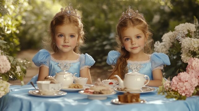 Enchanted Tea Party: Twin Girls Embracing Royalty Dressed as Princesses in a Whimsical Setting - Powered by Adobe