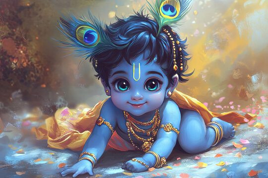 Cute baby Lord Krishna, in a cartoon style, fantasy background, 3D rendering. peacock feather on his head, blue or black skin tone. Hinduism Hare Krishnas
