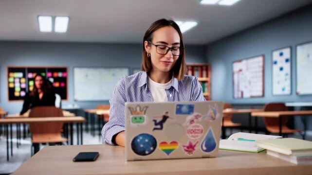 Designer Student Girl In At Class Using Laptop