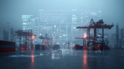 Futuristic high tech seaport with massive container cranes shipping terminals and a cityscape backdrop