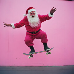 Santa claus on a skateboard jumps into the air. Happy New year.