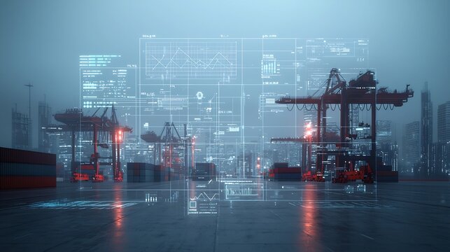 Futuristic high tech seaport with massive container cranes shipping terminals and a cityscape backdrop