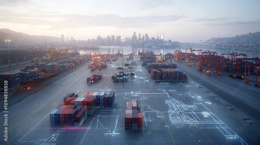 Leinwandbilder aerial shot of a port city with cargo containers surrounded by a futuristic global network and 3d da