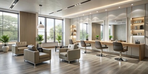 Fototapeta premium A Tranquil Minimalist Hair Salon Interior Featuring Sleek Furniture, Soft Lighting, and Natural Elements for a Modern and Inviting Atmosphere