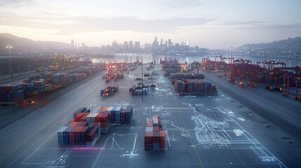 Aerial shot of a port city with cargo containers surrounded by a futuristic global network and 3D data visualization graphs in purple and blue tones  The image depicts the modern