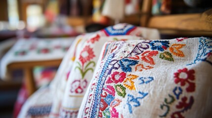A close-up of bright Estonian linen embroidery on a blurred textile background