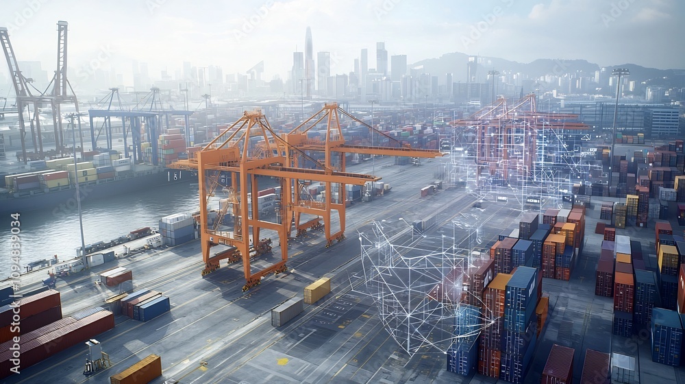 Poster Aerial shot of a modern port with shipping containers a city skyline in the background surrounded by a futuristic global network and 3D data graphs in purple and blue hues