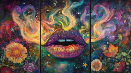 Naklejka premium Cosmic Lips: A Triptych of Vibrant Galaxy and Floral Dreams