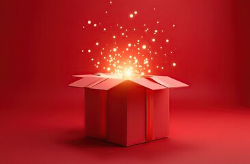 Open gift box without lid. A ray of light with sparks comes out of the box, red background. 3D rendering