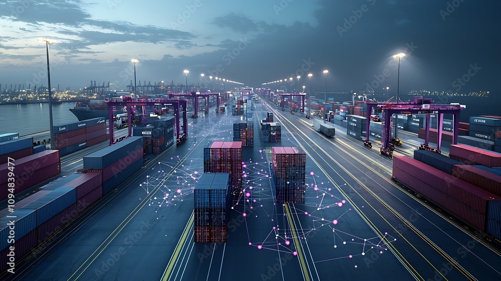 Aufkleber Aerial View of Interconnected Container Port with Advanced 3D Data Visualization and Analytics Tools in Vibrant Purple and Blue Color Scheme
