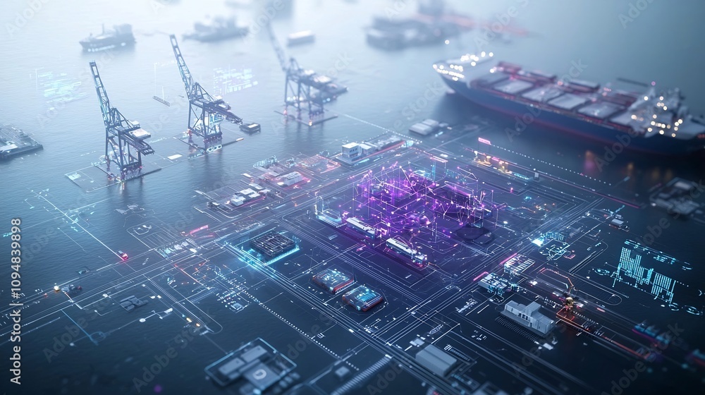 Fototapete Aerial Panoramic View of a Futuristic High Tech Port with Global Communication Nodes Floating Data Tools and Cranes in a Vibrant Purple Blue Palette