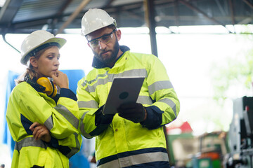caucasian industrial Engineer manager man wearing eyeglass and helmet discussion with mechanic...