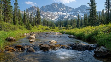 A serene mountain landscape featuring a flowing stream, lush greenery, and towering peaks.