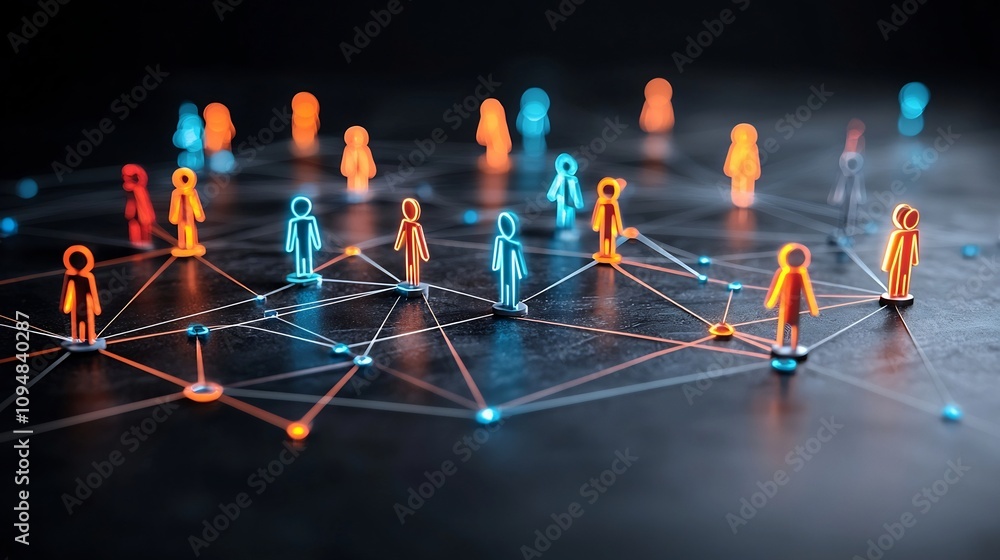 Poster Mesmerizing visualization of a high tech neon game piece network connected by glowing lines representing the concept of AI powered digital connectivity and innovation on a reflective surface