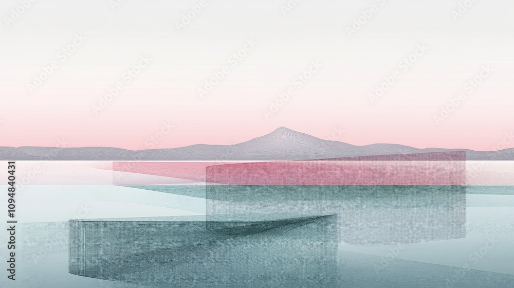 Poster a series of layered transparent lines forming an illusion of depth, with a soothing color palette, c