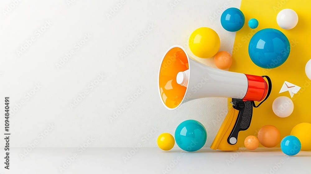 Aufkleber vibrant megaphone image with bold colorful bubbles on a clean minimalist background illustrating the