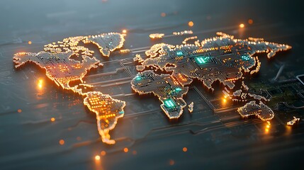 The cybernetic world map features intricate circuitry that illuminates key technological hubs across the globe with vibrant LED lights