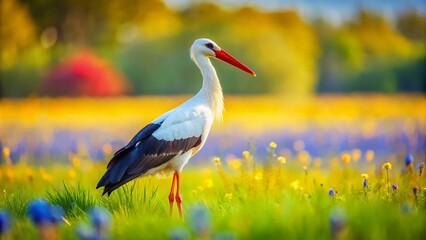 A White Stork in a Lush Spring Field Captured with Tilt-Shift Photography, Highlighting the Beauty of Nature and the Serenity of Rural Landscapes in Vibrant Colors