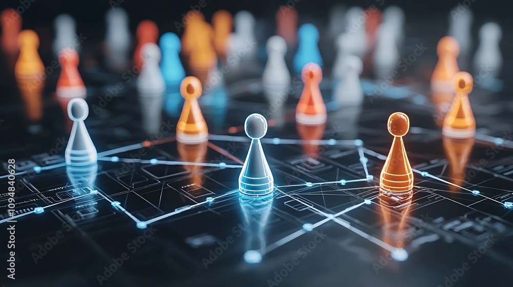Aufkleber Visually striking 3D rendering of a high tech network of neon game pieces in various colors connected by glowing lines on a reflective black background