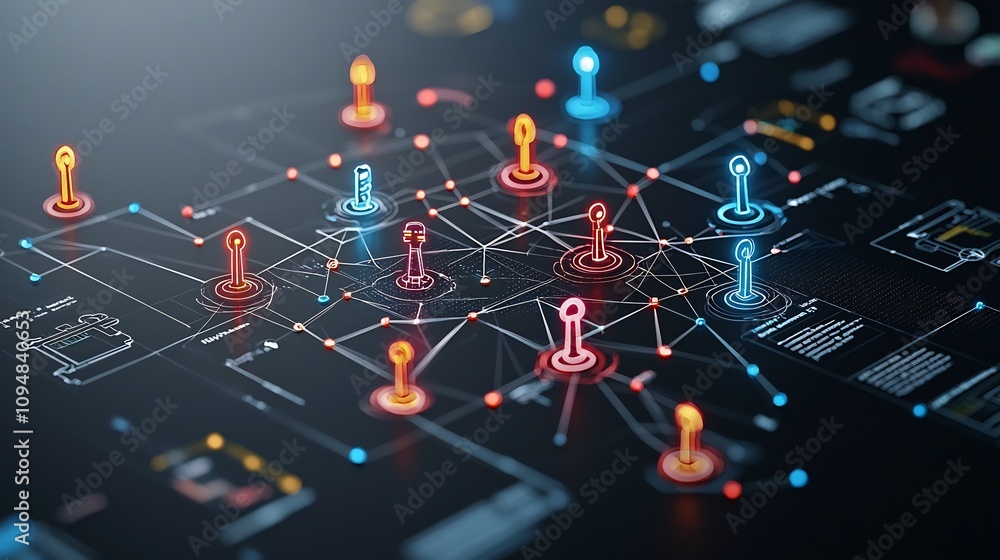 Aufkleber Vibrant neon game pieces in various colors linked together by luminous lines on a sleek reflective black background creating a futuristic high tech network visualization