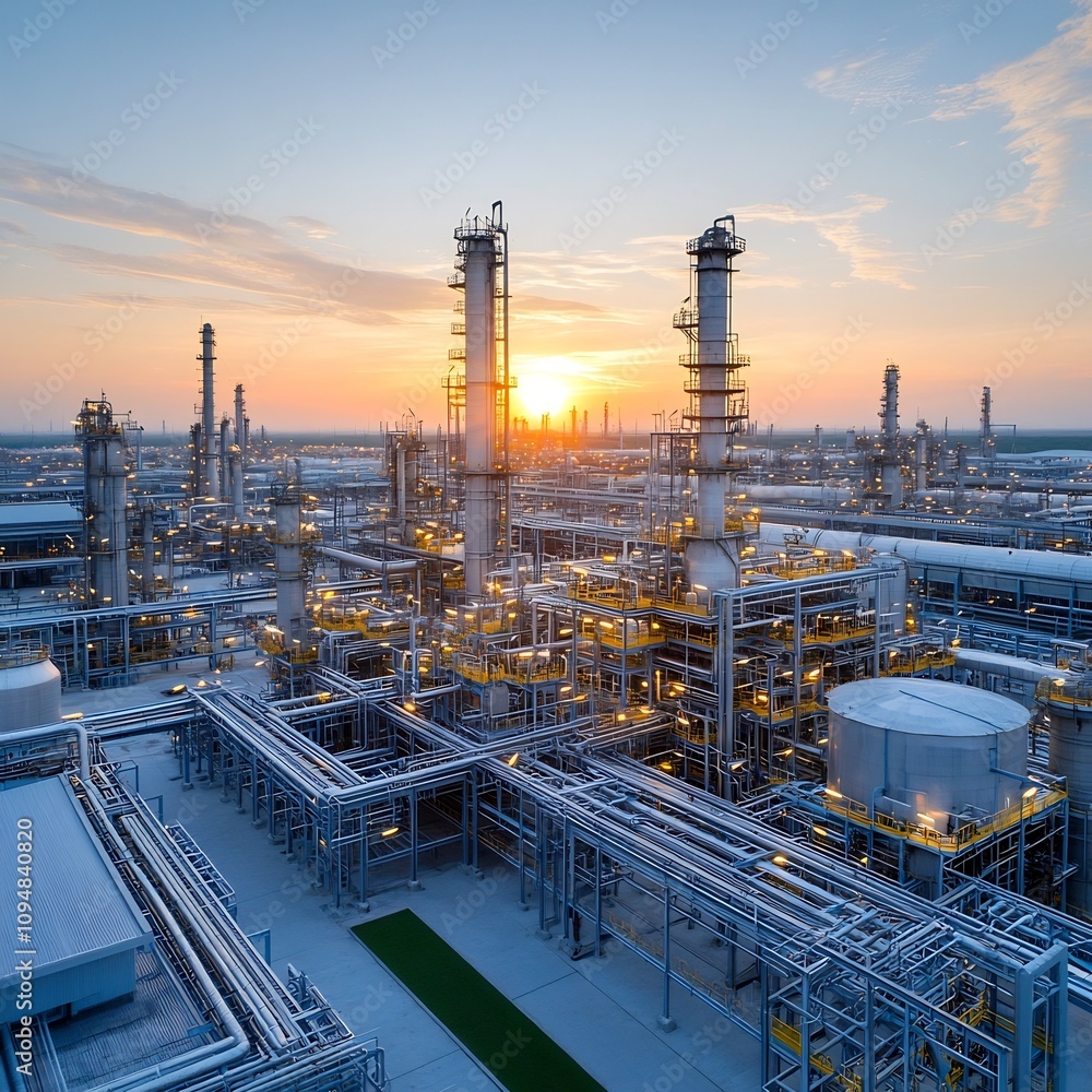 Poster dramatic sunset view showcasing the expansive industrial skyline of a vast refinery complex featurin