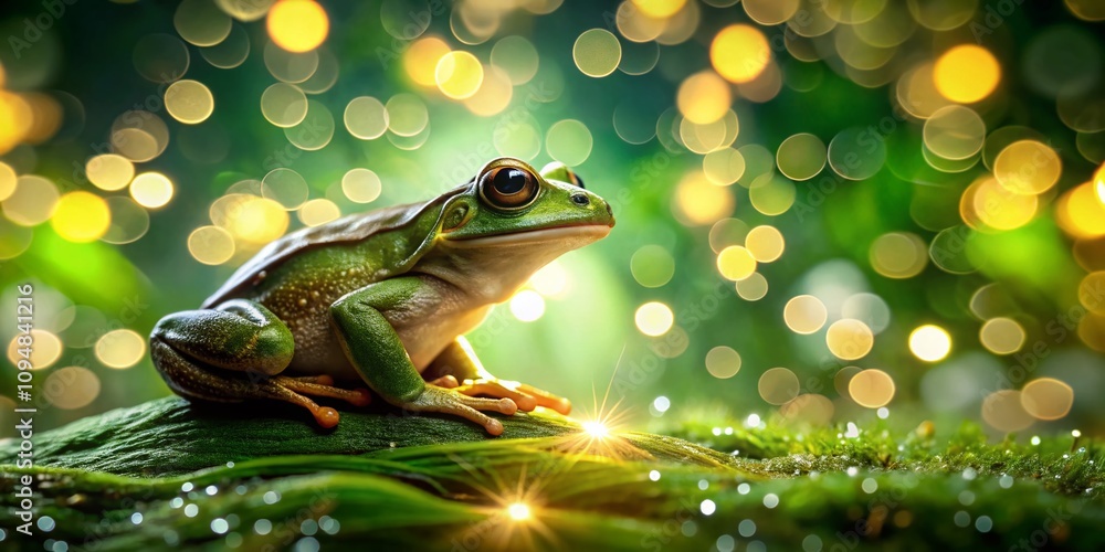 Poster beautiful bokeh effect of an outline drawing of a frog surrounded by gentle nature elements, perfect