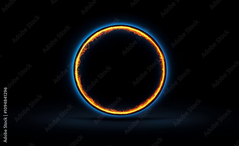 Poster a modern fire circle frame with a flame spark ring effect. a glowing circular flare on a black backg