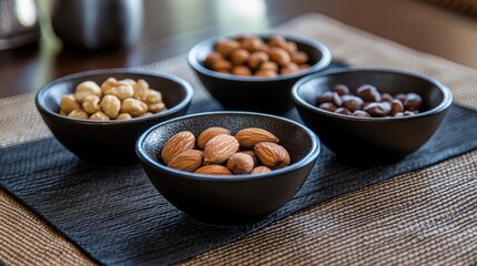 A simple yet stylish arrangement of a variety of nuts in small bowls, displayed on a textured fabric surface, creating a cozy and inviting feel.