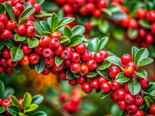 Obraz premium Beautiful Candid Photography of Rockspray Cotoneaster in a Natural Garden Setting, Showcasing Its Vibrant Red Berries and Lush Green Foliage, Perfect for Nature Enthusiasts and Botanists