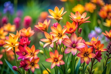 Fototapeta premium Beautiful Candid Photography of Ixia Flowers in Bloom, Capturing Their Vibrant Colors and Natural Beauty in a Lush Garden Setting for Stock Photo Use