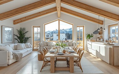 Fototapeta premium Modern, bright open plan living, dining, kitchen area with mountain views.