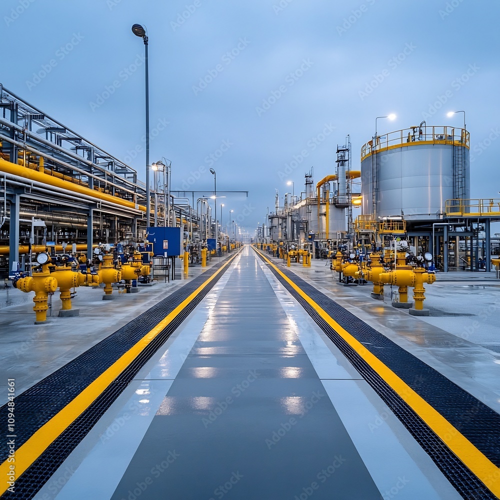 Poster impressive aerial view of a large scale gas processing plant featuring towering storage tanks extens