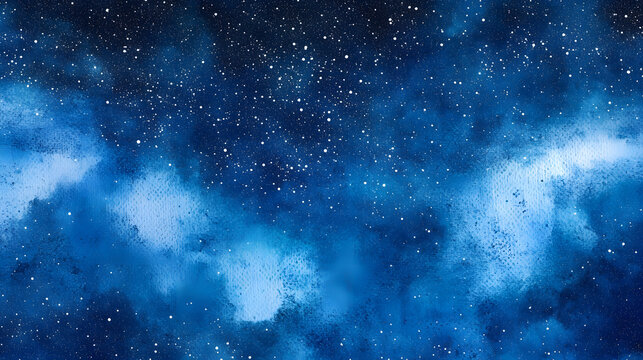 blue gradient watercolor starry sky background, dark blue watercolor galaxy background with stars and nebulae, blue watercolor space ,banner, detailed hyper realistic image