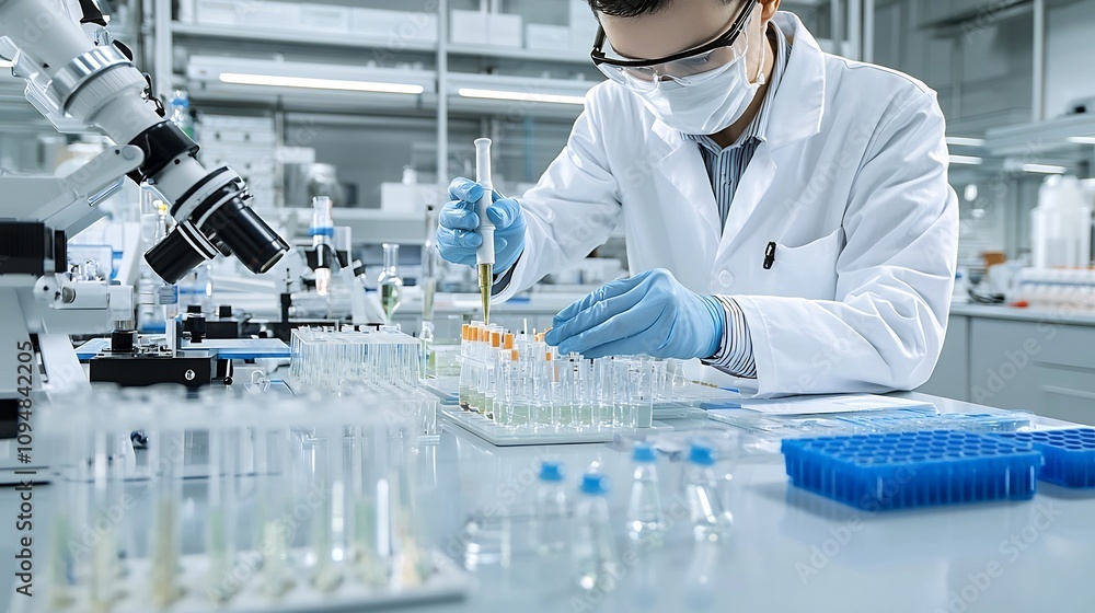Poster scientist in lab coat examining biofuel samples using state of the art laboratory equipment and proc