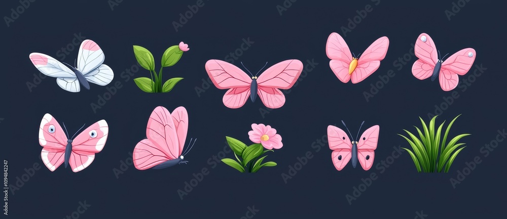 Poster a series of pink burst sprites designed for games or animations, showcasing a modern storyboard of c