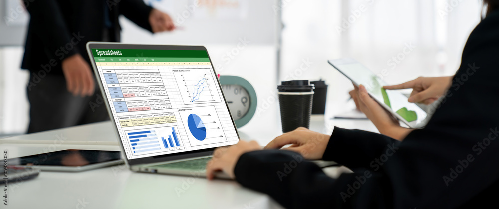 Poster spreadsheet document information financial startup concept. data and graphs in spreadsheet documents