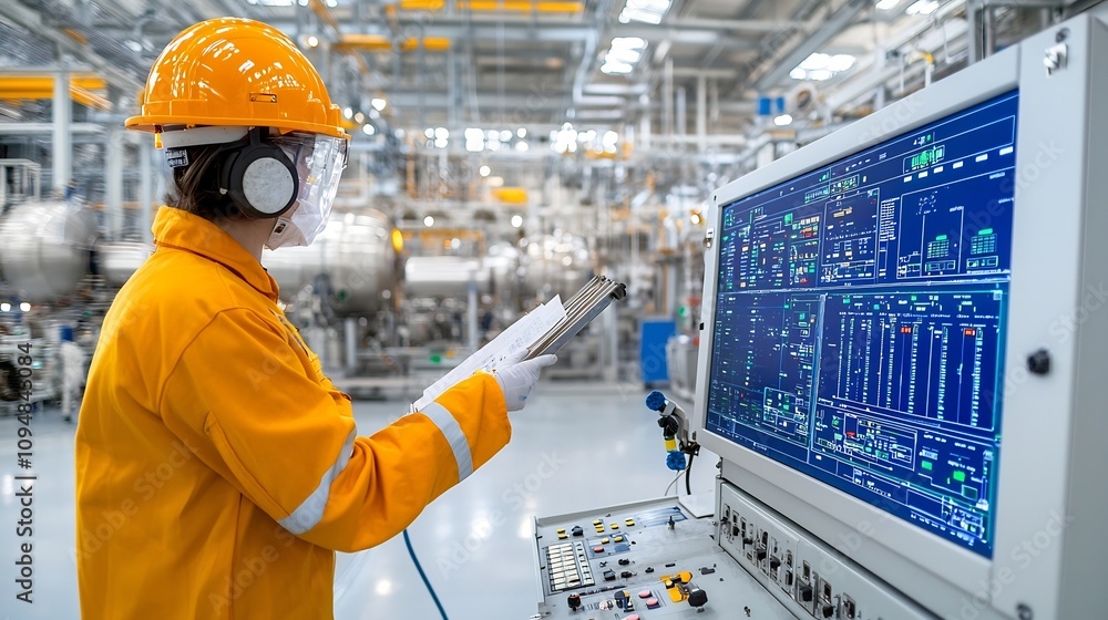 Poster worker overseeing fuel processing by monitoring industrial control panel and dashboard interface in 